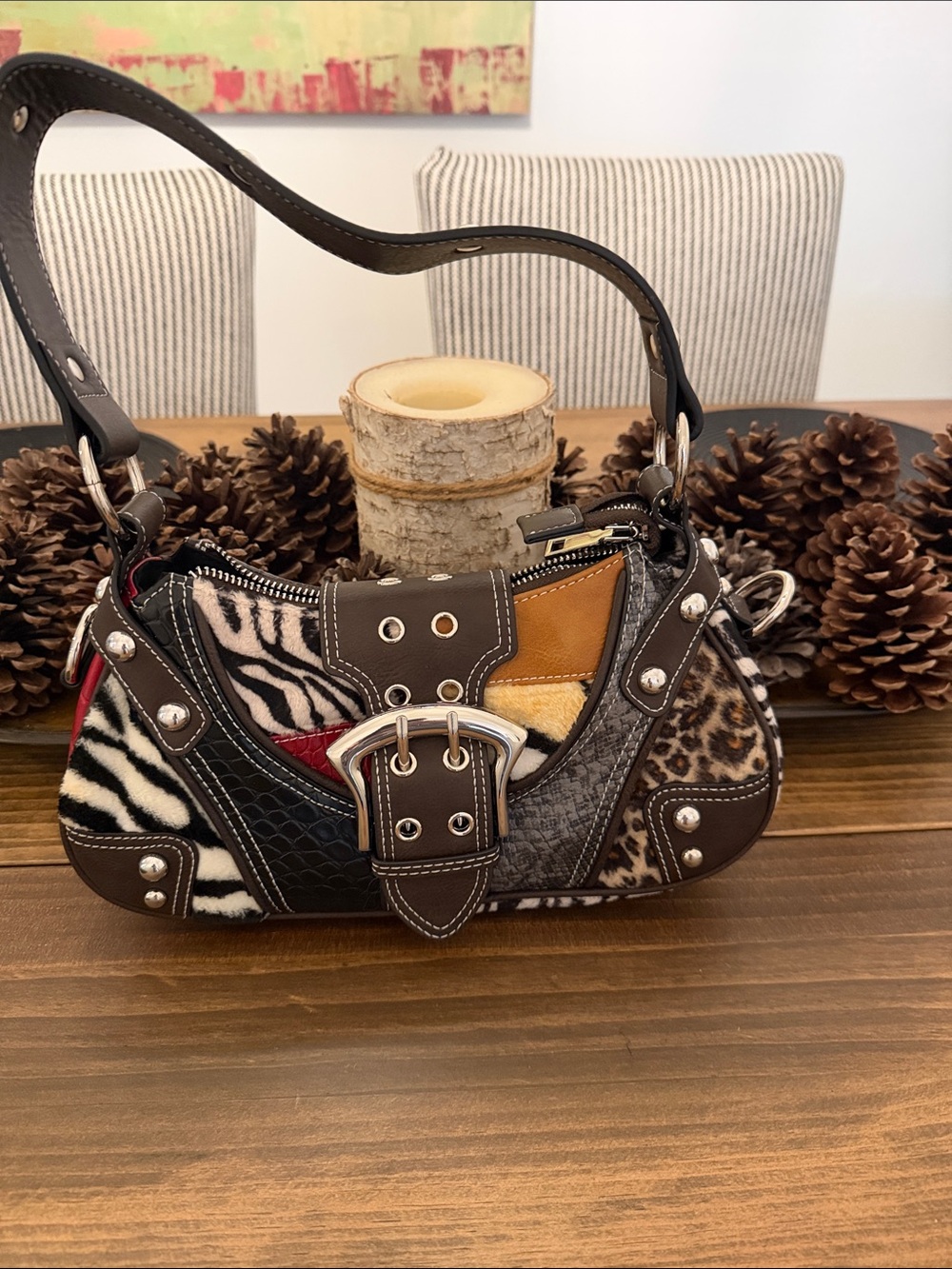 Patchwork Animal Print Shoulder Bag in Brown and Multi